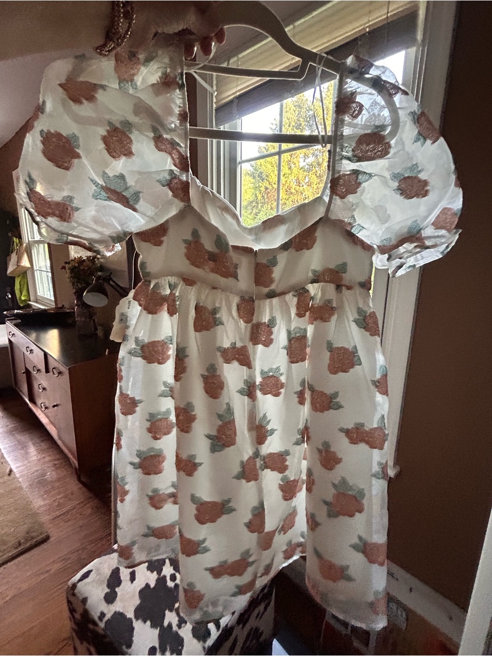 Altar'd State White Mini Dress with Rust Floral Appliqués and Sage Leaves, - Picture 2 of 11